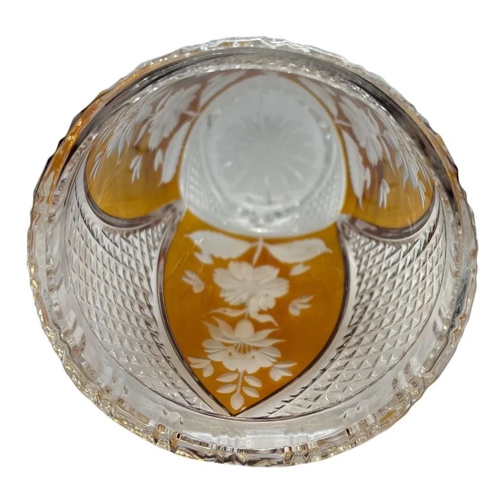 Czech Amber Crystal Three Panel Vase MCM Elegant Glass Vase